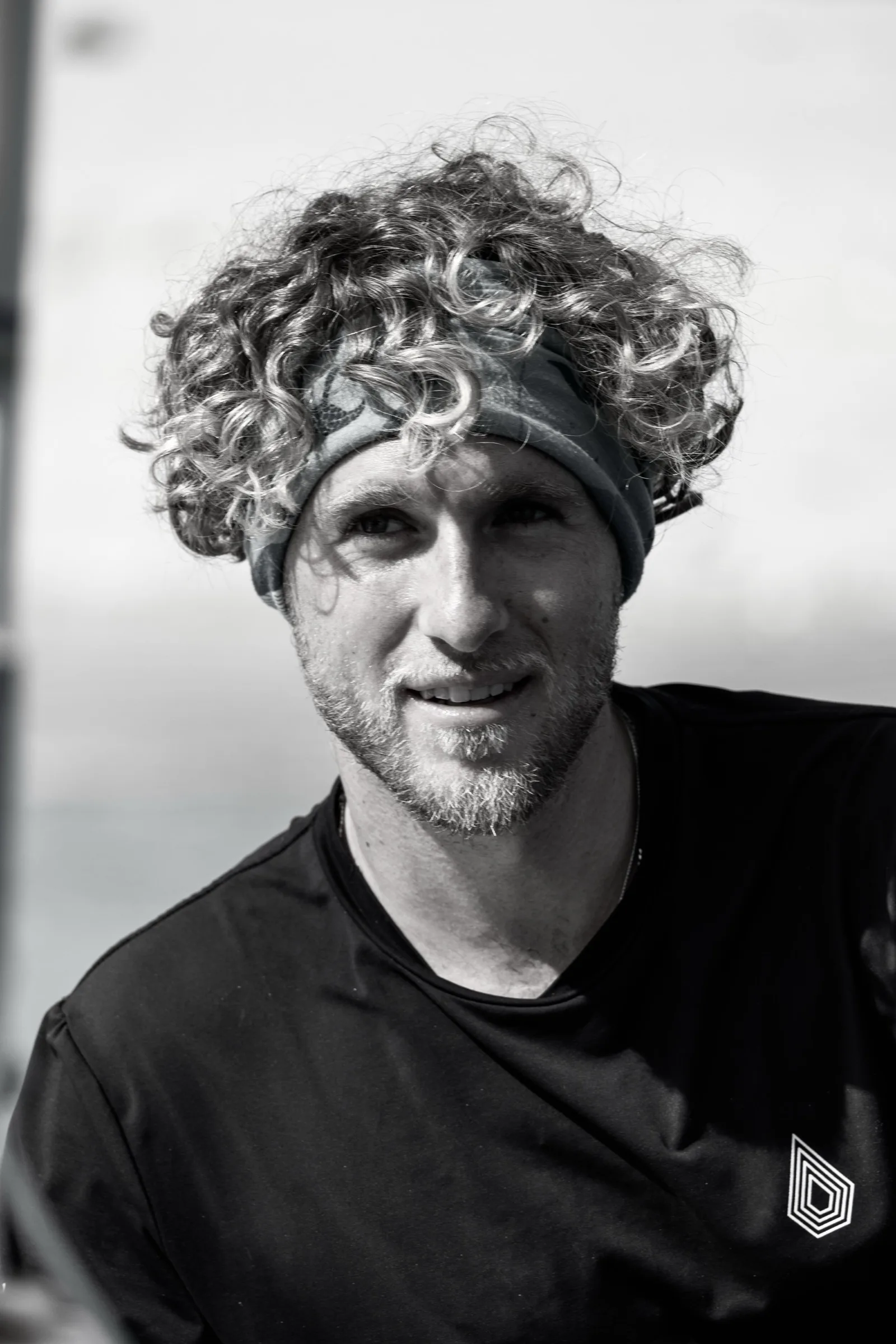 Portrait of Dani Tormo on deck, black and white